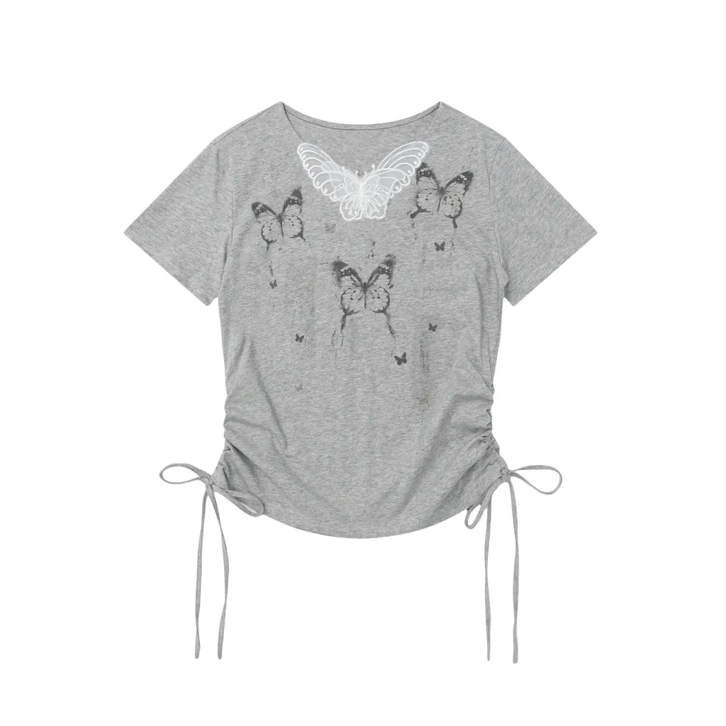 Butterfly Print Short-sleeved T-shirt For Women - Grey