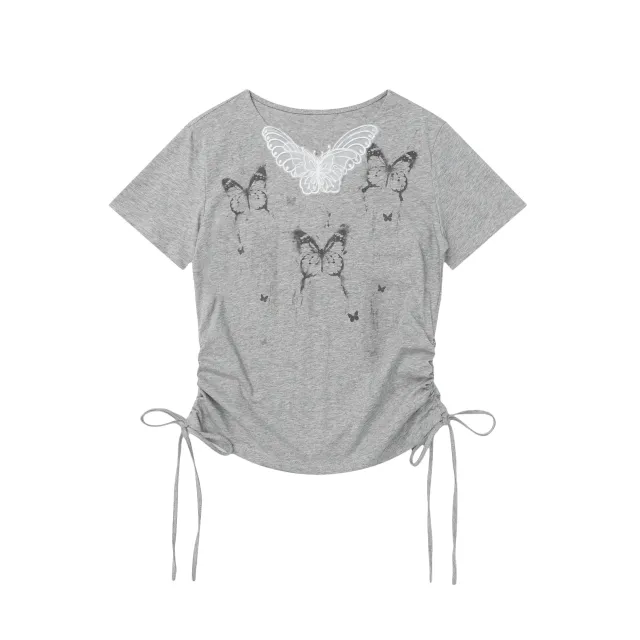 Butterfly Print Short sleeved T shirt For Women Grey - Shop at LoveMi