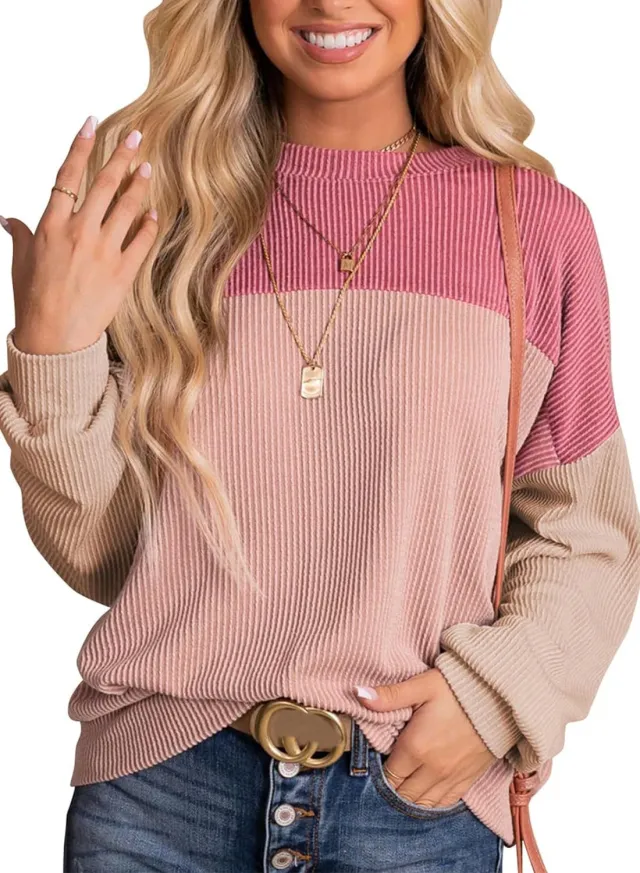 Women's Color Blocking Round Neck Long Sleeved Hoodie Pink - Shop at LoveMi