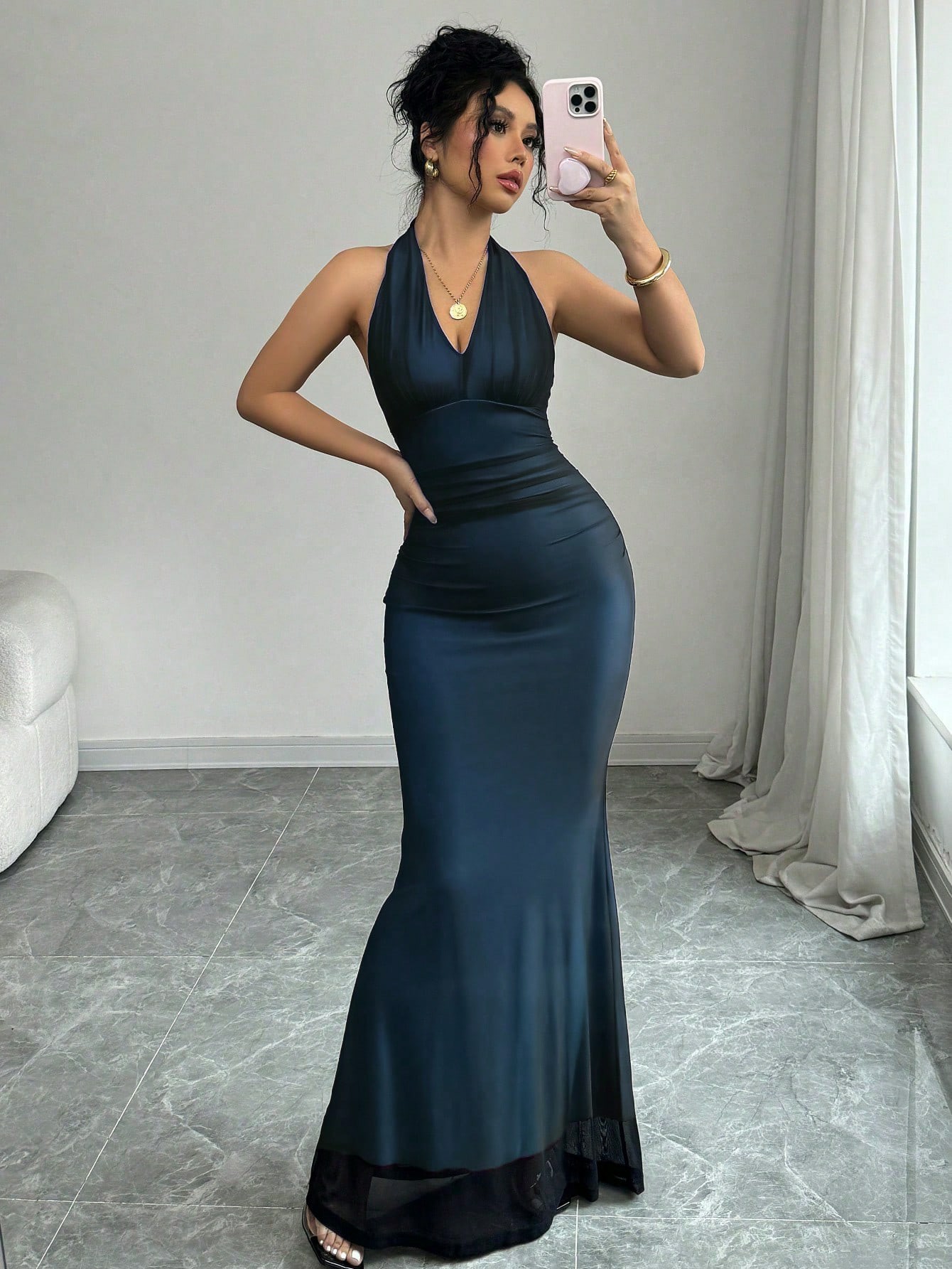Women’s Sleeveless Mesh Long Bodycon Dress Solid Color Elegant Evening Wear