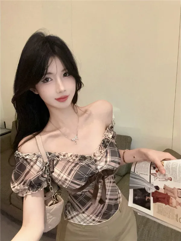 Plaid Puff Short Sleeve Blouse With Lace Trim For Women - Brown