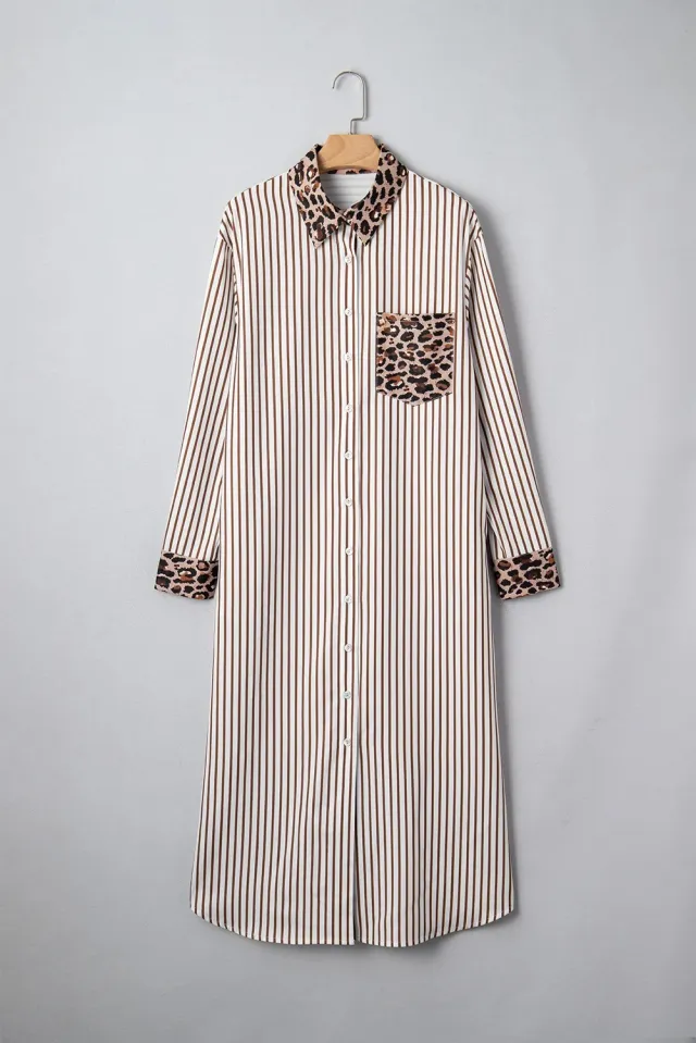 Women's Casual Loose Striped Printed Dress Brown - Shop at LoveMi