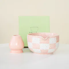 Instagram-worthy Ceramic Matcha Bowl With Spout And Checkered Whisk - Pink - View 1