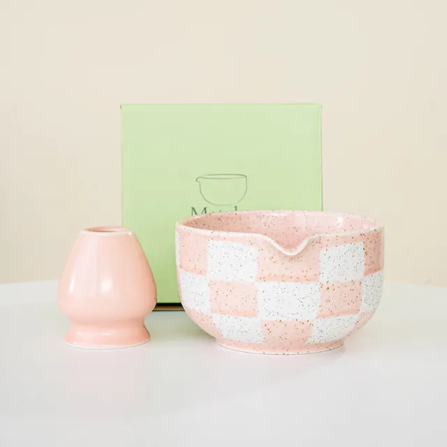 Instagram worthy Ceramic Matcha Bowl With Spout And Checkered Whisk Pink - Shop at LoveMi