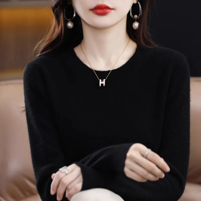 Round Neck Pure Wool Women's Sweater Loose Autumn And Winter - Black