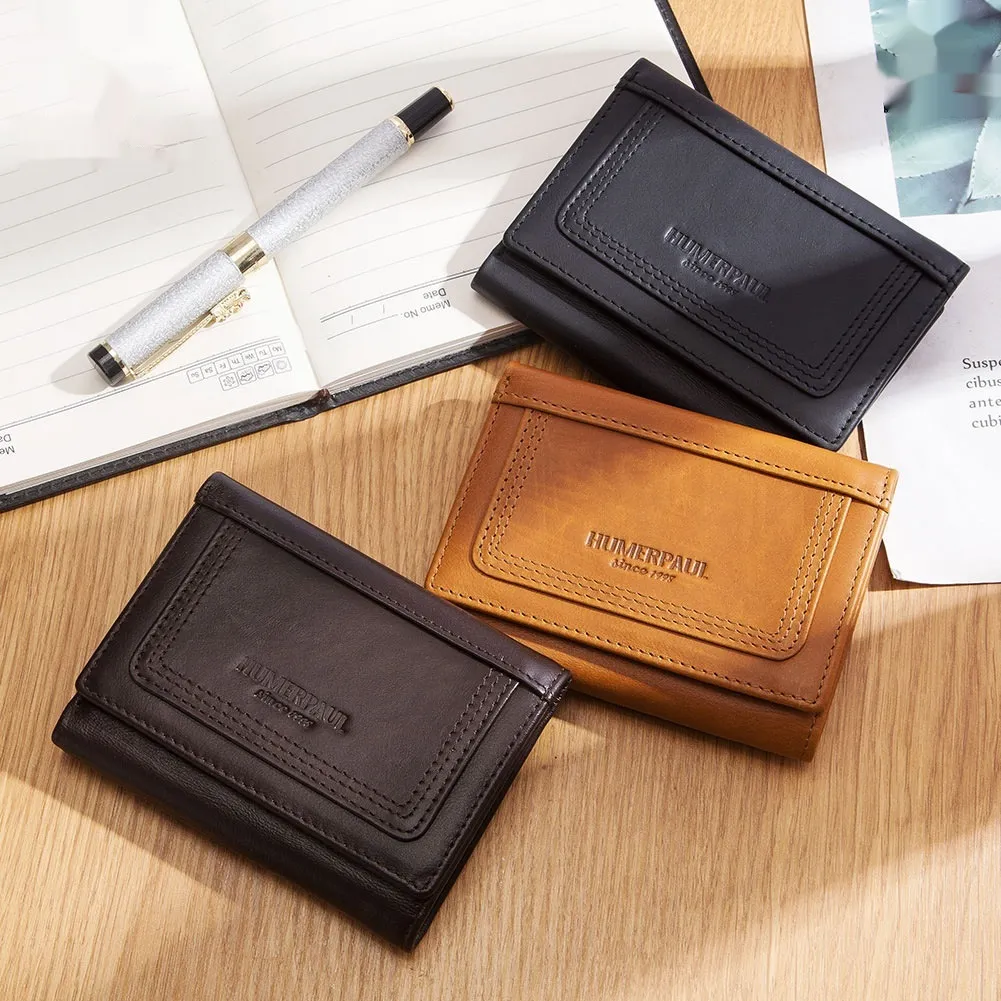 Multi-slot Men's Zipper Bag Genuine Leather Multi-color