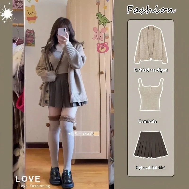 Plus Size Women's Set Lazy Style Retro Knit Sweater - Brown