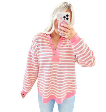 Loose All matching Striped Color Matching Drop shoulder Long sleeve T shirt Lc25129317P1019 - Shop at LoveMi