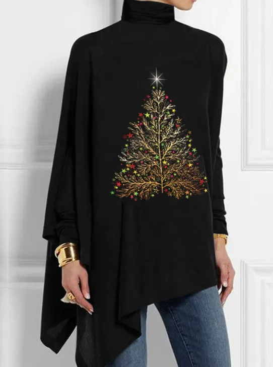 Christmas Tree Printed Women's Turtleneck Tops - Black