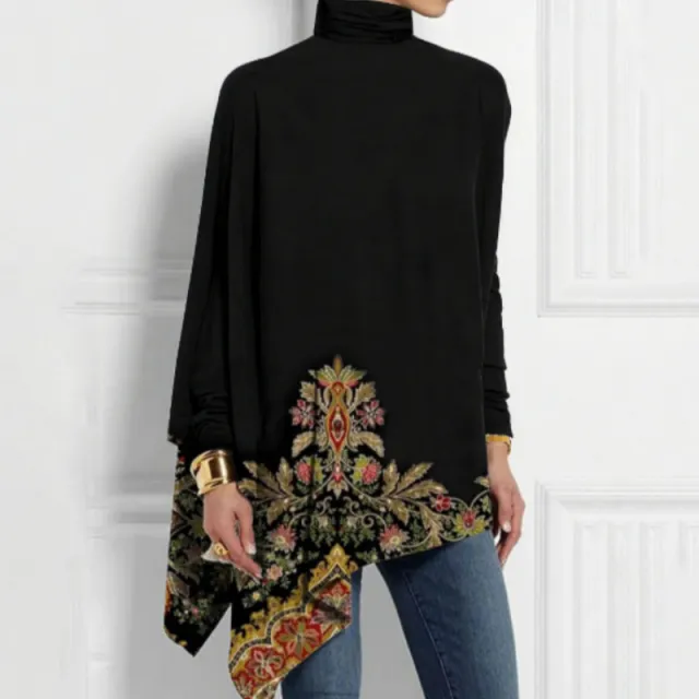 Bohemian Retro Pattern Turtleneck Top Black - Shop at LoveMi