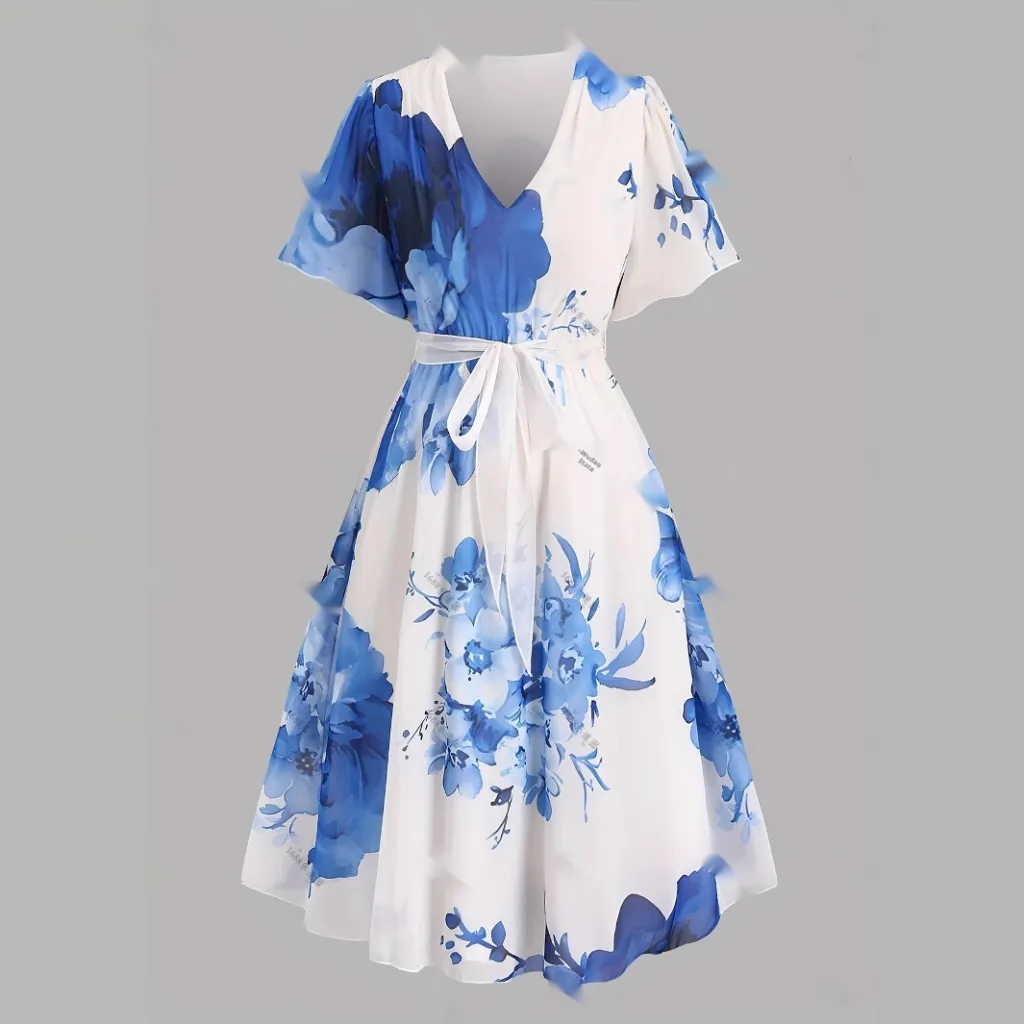 Women's Retro Floral Print Casual Dress - Blue