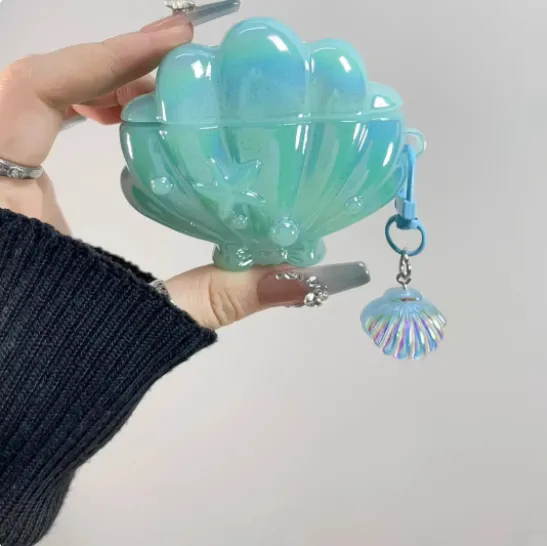 Cute And Unique Silicone Shockproof Earphone Case Blue Seashell With Pendant - Shop at LoveMi