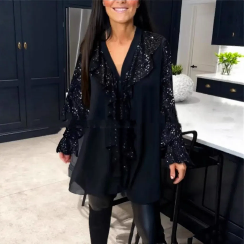 Sequin Patchwork Women's Round Neck Loose Women's Top Versatile - Black