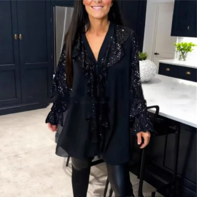 Sequin Patchwork Women's Round Neck Loose Women's Top Versatile Black - Shop at LoveMi