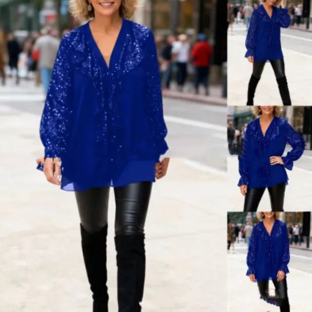 Sequin Patchwork Women's Round Neck Loose Women's Top Versatile Blue - Shop at LoveMi
