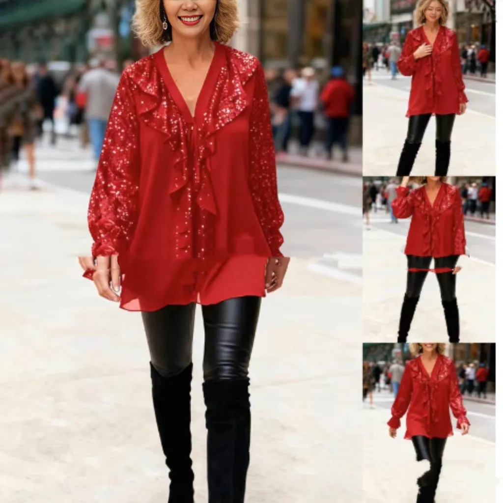 Sequin Patchwork Women's Round Neck Loose Women's Top Versatile - Red - View 1