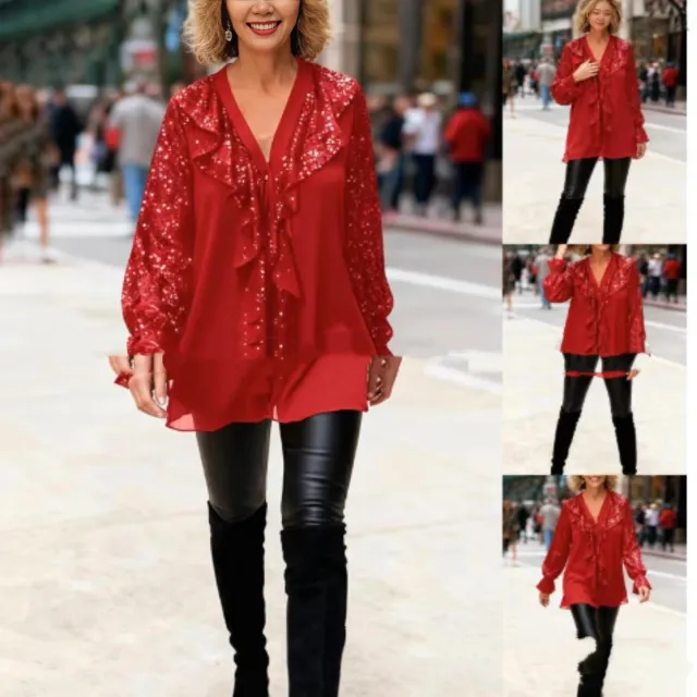 Sequin Patchwork Women's Round Neck Loose Women's Top Versatile Red - Shop at LoveMi