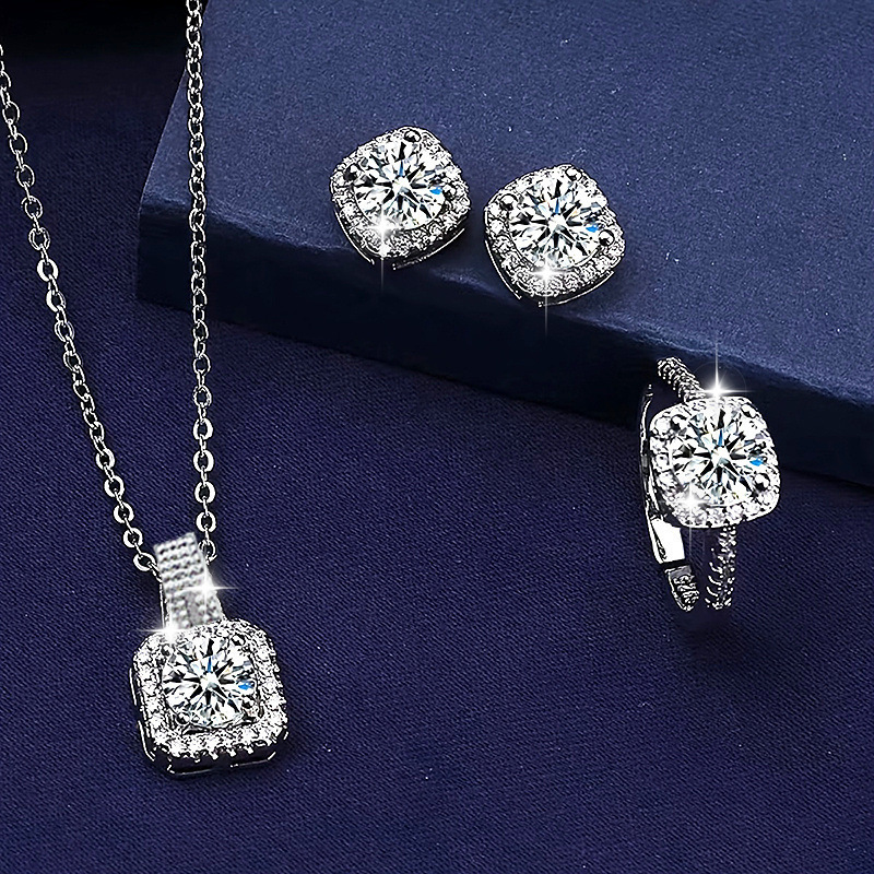 Women's Simple Fashionable And Versatile Zircon Necklace Stud Ring Set