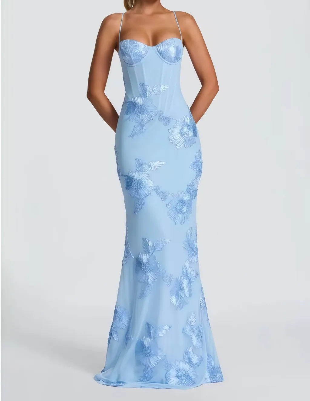 Flower-decorated Evening Dress High-end Banquet Elegant Slimming - Light Blue