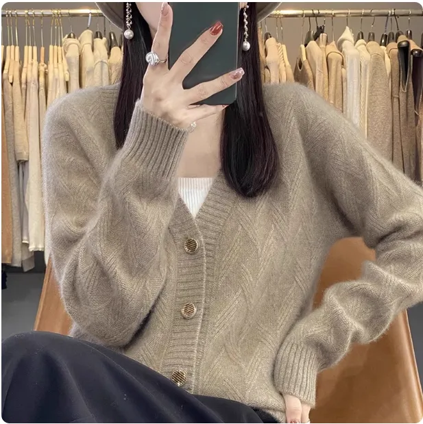 V neck Long sleeved Knitted Cardigan Simple And Loose fitting Sweater Coat Camel - Shop at LoveMi