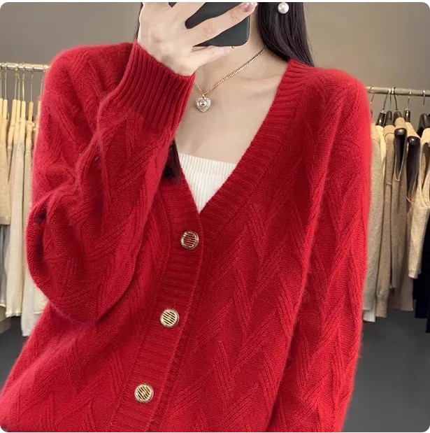V neck Long sleeved Knitted Cardigan Simple And Loose fitting Sweater Coat Red - Shop at LoveMi