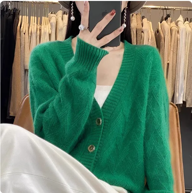 V neck Long sleeved Knitted Cardigan Simple And Loose fitting Sweater Coat Green - Shop at LoveMi