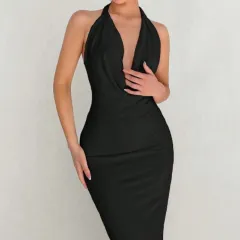 European And American Sexy Slim-fit Design Long Dress Solid Colour - Black - View 1
