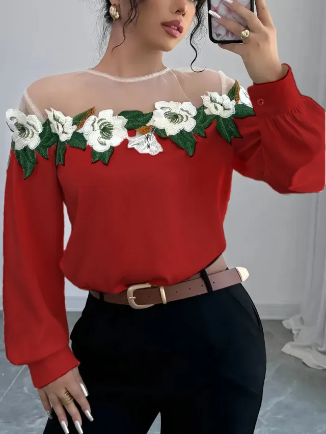 Celebrity Style Heavy Industry Mesh Stitching Satin Embroidered Women's Shirt Red - Shop at LoveMi