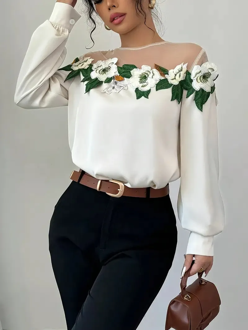 Celebrity Style Heavy Industry Mesh Stitching Satin Embroidered Women's Shirt - White