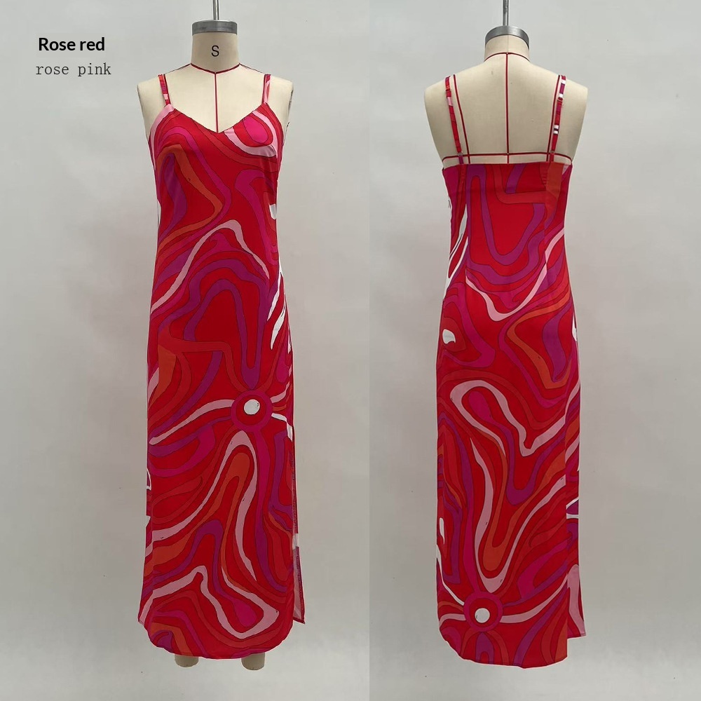 Summer Women's Printed Slit Spaghetti Strap Dress Rose - Shop at LoveMi
