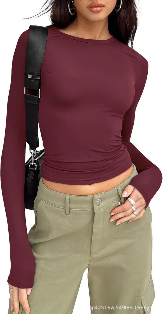 Women's Round Neck Long Sleeve T shirt Top Brown - Shop at LoveMi