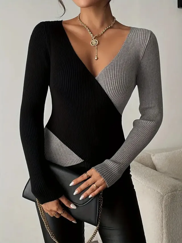 Chic Unique French Style Autumn Top Women's Design Slim Fit Inner Wear Knitted Stitching Sweater 3Color - Shop at LoveMi
