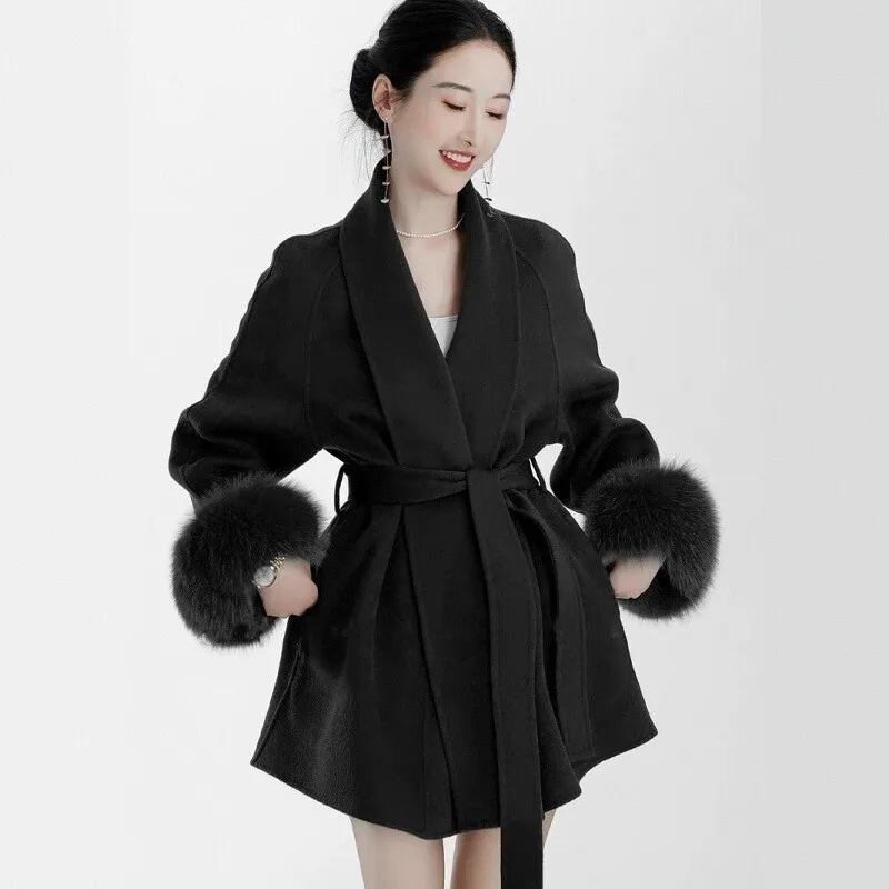 Women's Black Fox Fur Double-faced Cashmere Elegant Short Coat - Black