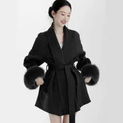 Women's Black Fox Fur Double-faced Cashmere Elegant Short Coat - Black - View 1