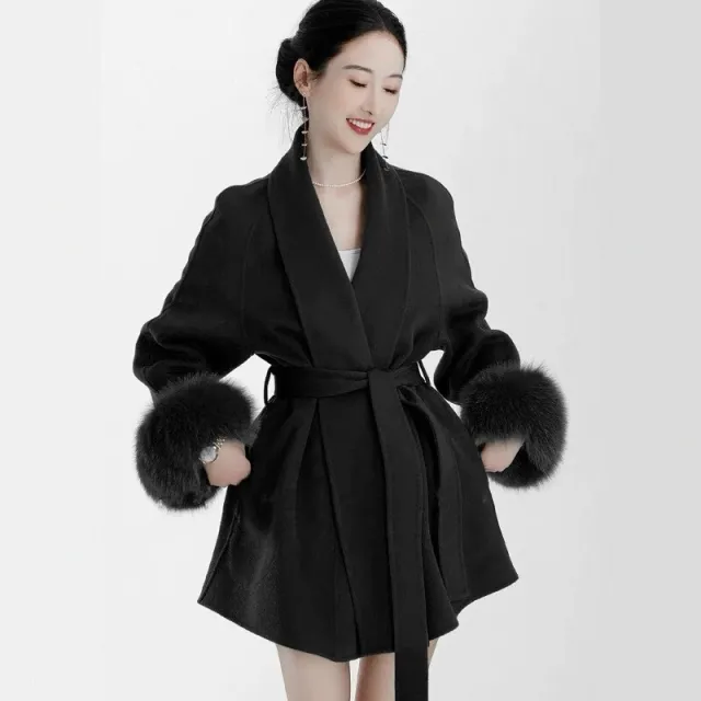 Women's Black Fox Fur Double faced Cashmere Elegant Short Coat Black - Shop at LoveMi