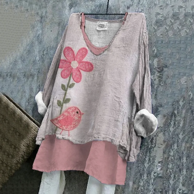 Women's Pink Floral And Bird Pattern Cotton And Linen V-neck Shirt - Pink