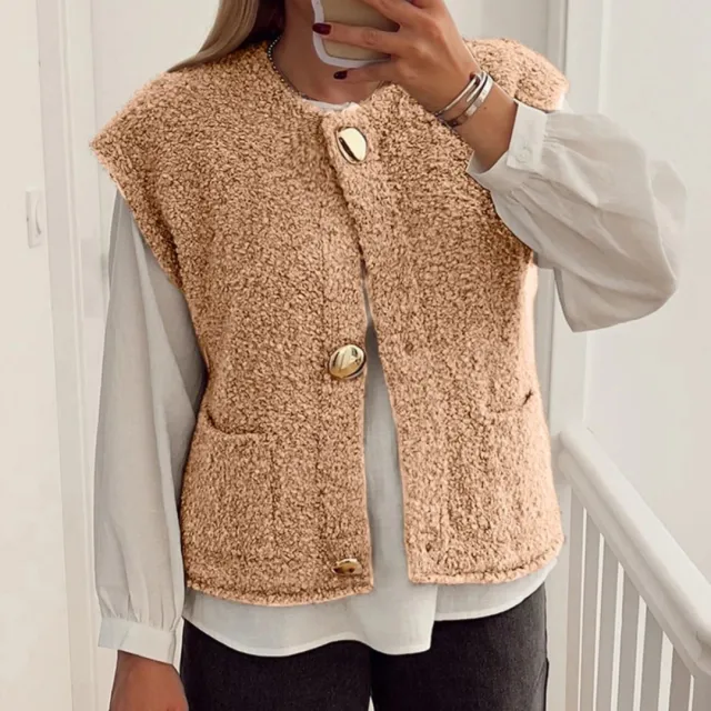 Women's Solid Color Versatile Button Warm Vest Beige - Shop at LoveMi