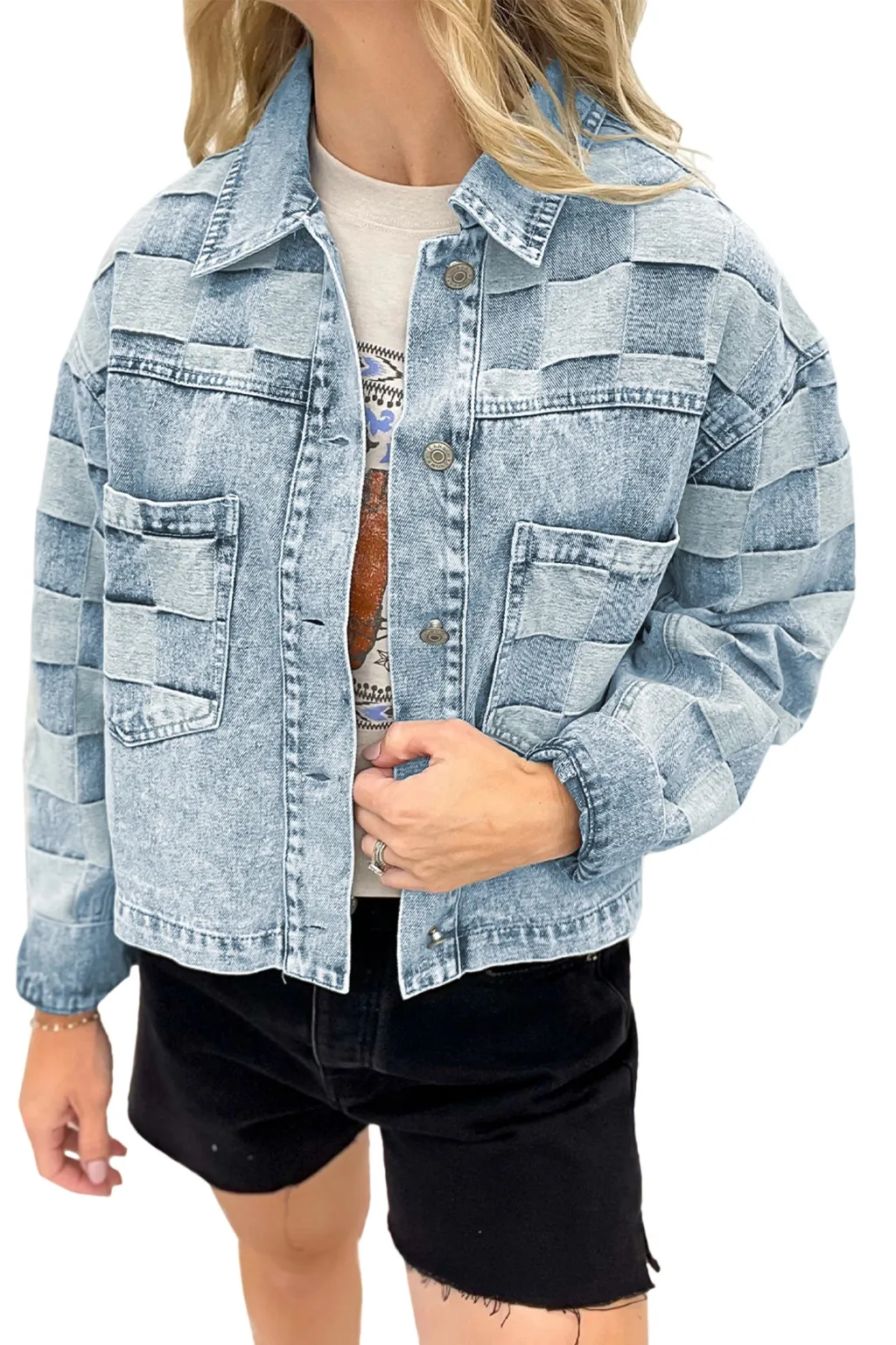 Women's Loose Casual Checkered Denim Jacket - Blue