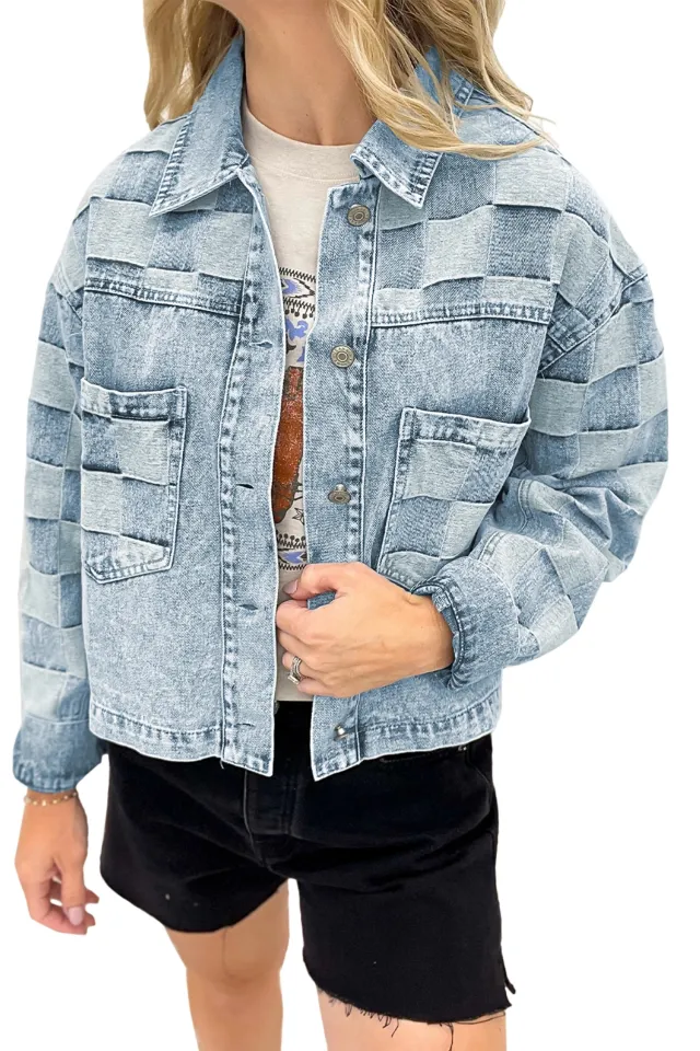 Women's Loose Casual Checkered Denim Jacket Blue - Shop at LoveMi