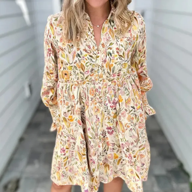 Women's Casual Loose Floral Long Sleeve Dress Yellow - Shop at LoveMi