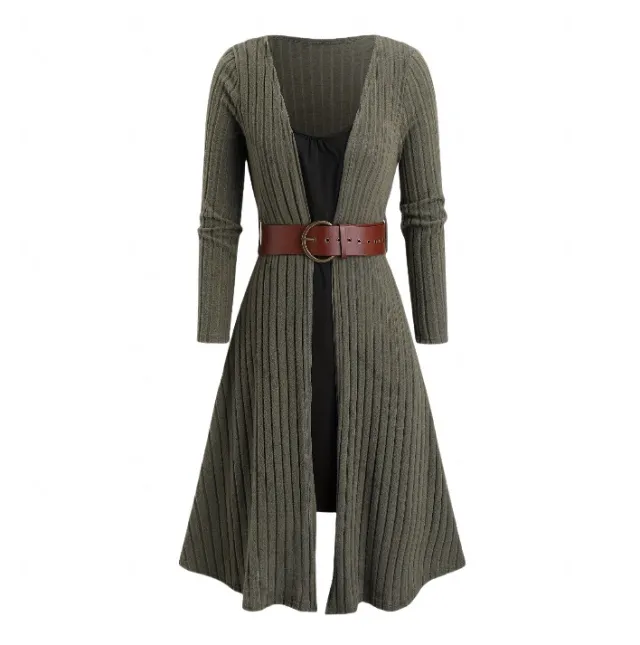 Plus size Women's Casual Two piece Long sleeve Dress With Belt For Autumn And Winter Green - Shop at LoveMi