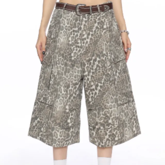 Leopard Print Cargo Denim Capri Pants For Women Summer Leopard Print - Shop at LoveMi