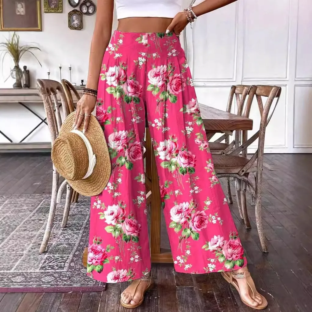 3D Floral Print Pattern Elegant High-waisted Wide-leg Women's Pants - Floral