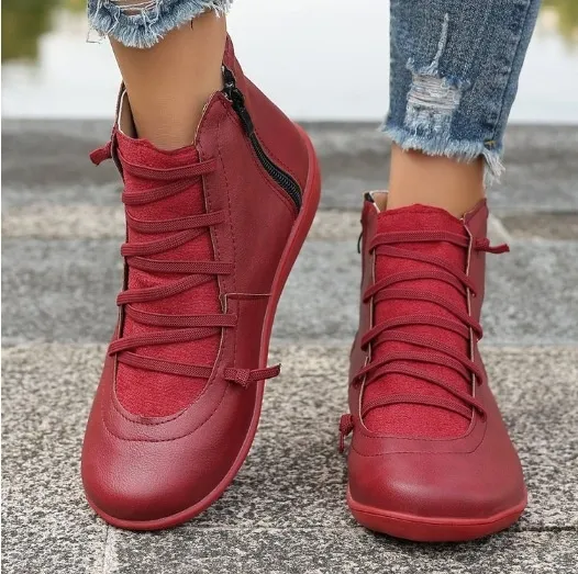 Women's Plus Size Flat Side Zipper Short Fashion Boots - Red