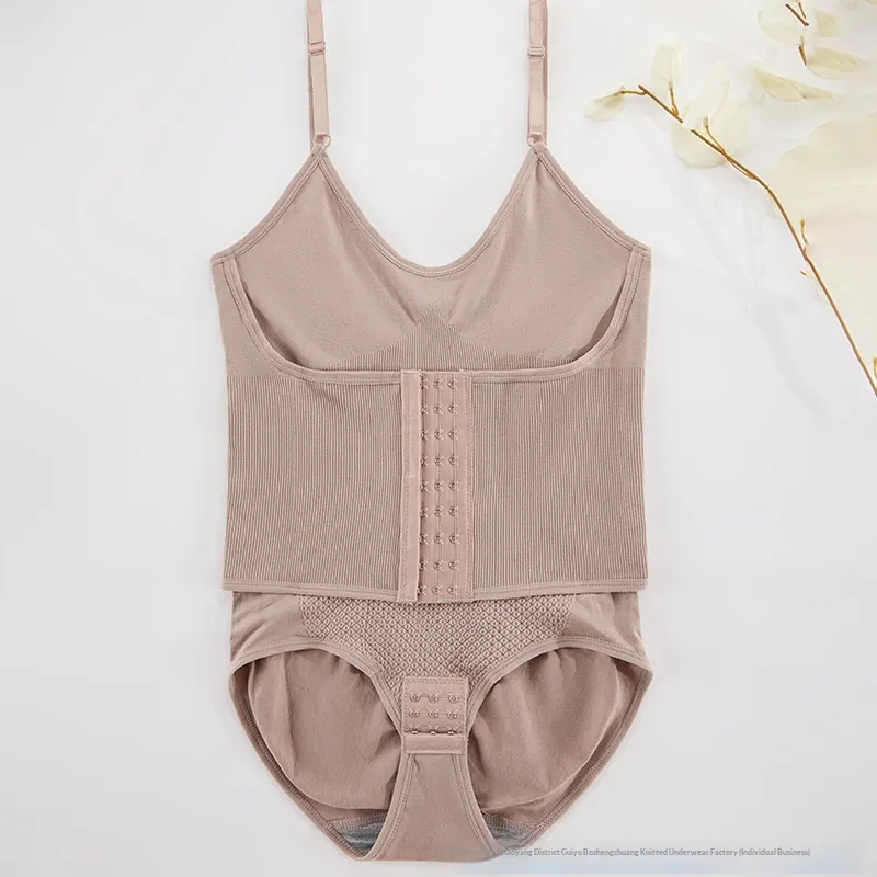 Body Shaping Butt Lifting Abdomen Tightening Snap Button Jumpsuit - Khaki