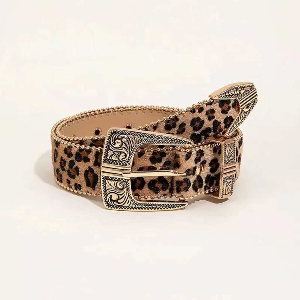 American Retro Leopard Print Metal Engraved Design Belt - Leopard Print