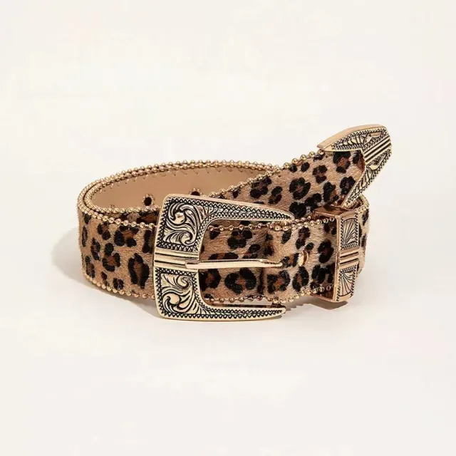 American Retro Leopard Print Metal Engraved Design Belt Leopard Print - Shop at LoveMi