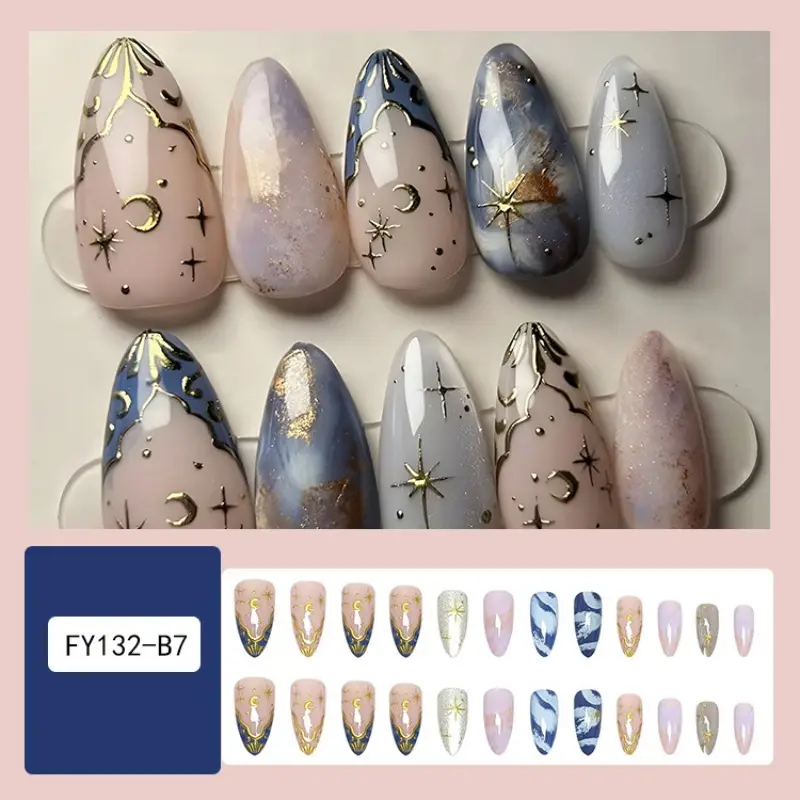 Cat Eye Gilded Press-On Nails, Star And Moon Shine Together Dreamy Romantic Style