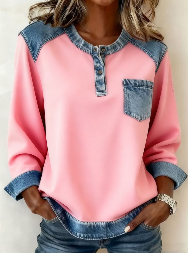 Denim Patchwork Crew Neck Casual Top