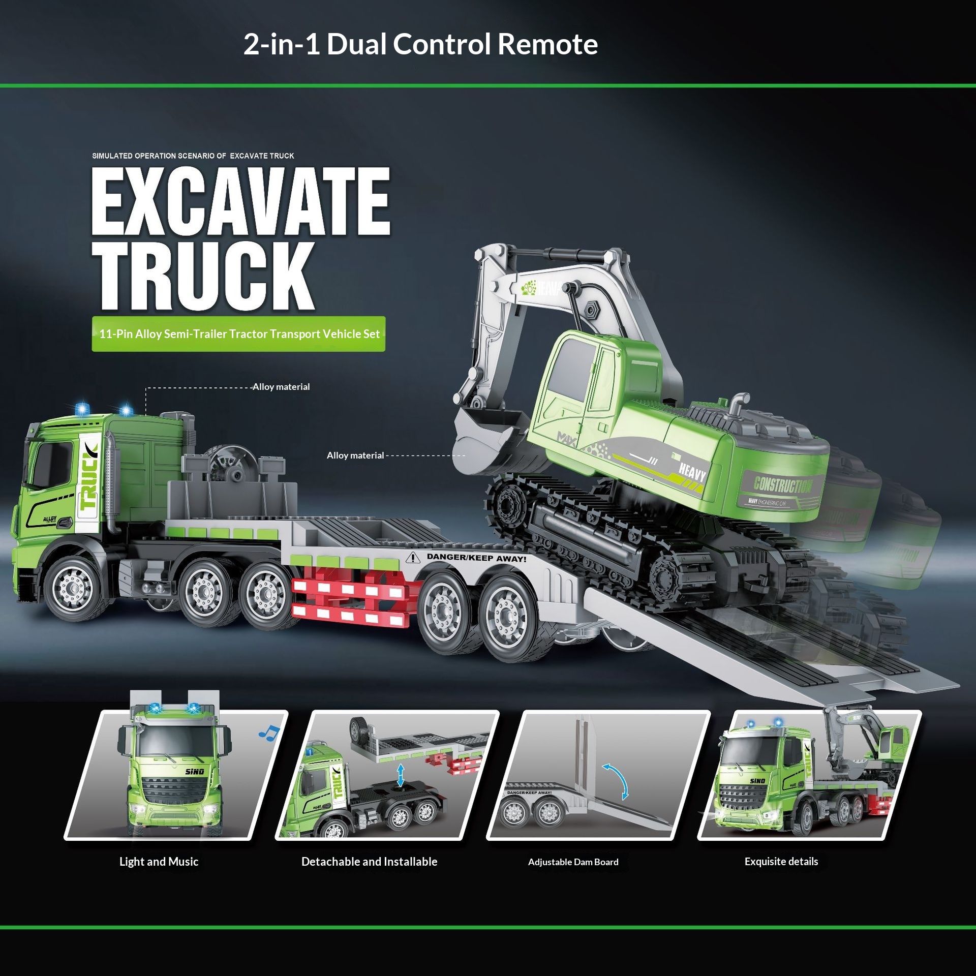Flat Truck Transport Trailer Excavator Children's Toys - Image 1